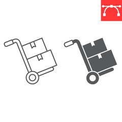 Hand truck line and glyph icon, logistic and trolley, hand truck with cardboard boxes vector icon, vector graphics, editable stroke outline sign, eps 10.