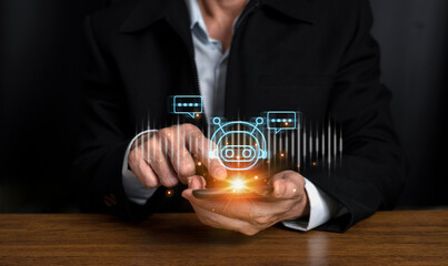 Humans work with artificial Intelligence. man using technology smart robot AI, artificial...