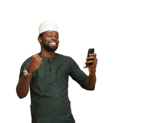 png of An excited overjoyed black man holding a smartphone receives news from a mobile online bet game win, ecstatic african guy looking at his cell phone celebrates receiving reading good news png
