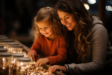 Obraz na płótnie Canvas Mother and daughter looking at fairy lights together in preparation of Christmas. Generative Ai.