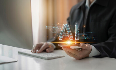 Humans work with artificial Intelligence. man using technology smart robot AI, artificial...