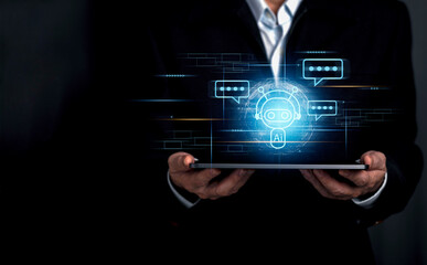 Obraz premium Humans work with artificial Intelligence man using technology smart robot by enter command prompt for generates something to solve problems,Futuristic technology transformation.