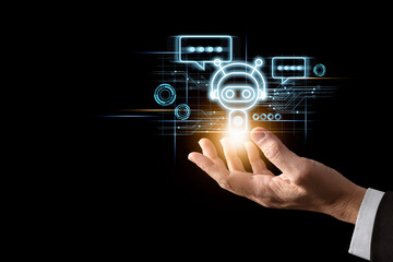 Humans work with artificial Intelligence. man using technology smart robot AI, artificial intelligence by enter command prompt for generates something ,Futuristic technology transformation.