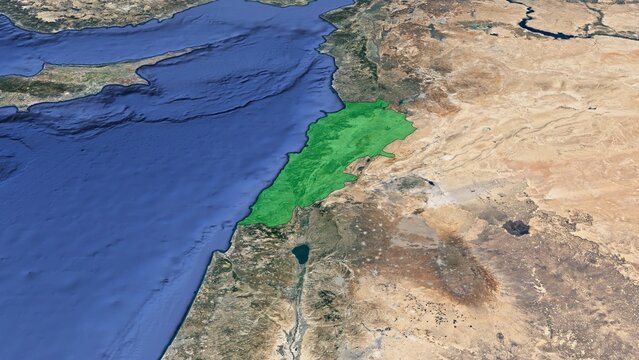 A 3D satellite image map of the earth showing Lebanon highlighted in green. No text.