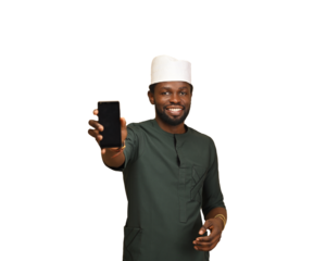 PNG of An amazed African male with dark skin showing off an alert notification birthday surprise on his cellphone against isolated.