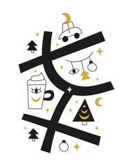 Boho celestial map with Christmas icons.