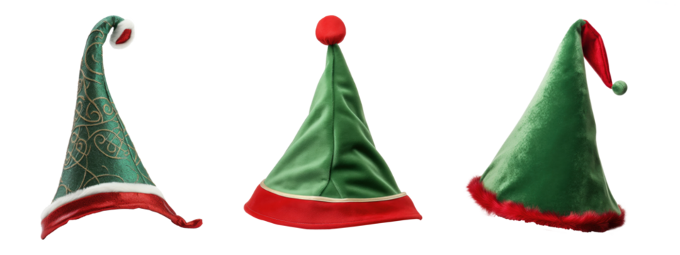 Set of elf hats isolated on transparent background.