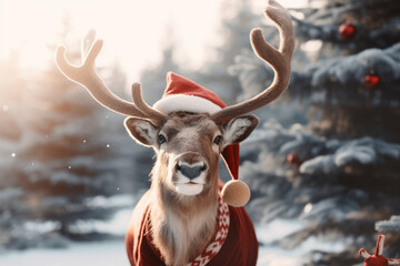 Adorable festive Reindeer in Santa Claus hat and Christmas clothes in snowy winter nature looking at camera, New year and Christmas Card. xmas time.