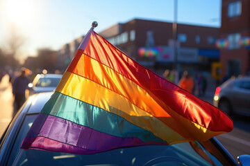 Hand of unrecognizable person waving a rainbow flag out of a car window. LGTBIQ+ Concept. Generative Ai.