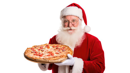 Santa Claus holding a pizza on Christmas isolated on transparent background.