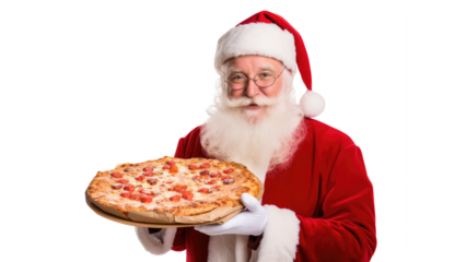 Santa Claus holding a pizza on Christmas isolated on transparent background.