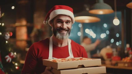 Foto op Canvas A happy man wearing Santa Claus hat and holding a pizza on Christmas in pizzeria background poster. © comicsans