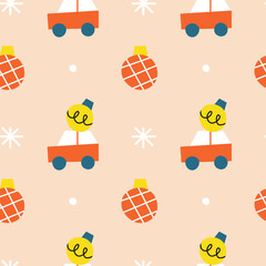 Fototapeta premium Seamless pattern with Christmas balls, snowflakes and cars.