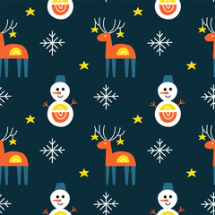 Seamless pattern with Christmas deers, snowmans, snowflakes and stars.