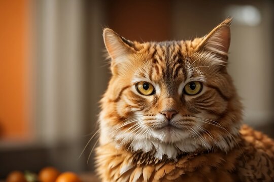 A photo of an orange and white cat with fluffy fur and orange eyes, posing in a kitchen with orange walls.