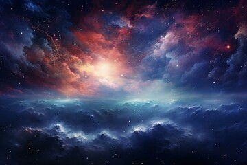 A celestial panorama boasting stars, galaxies, moon, clouds, black holes, Milky Way, nebula, sky, space, eternity, and infinite beauty. Generative AI