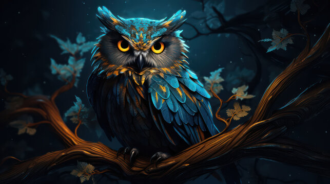 Beautiful owl at night sitting on a branch in the wood as wallpaper background illustration
