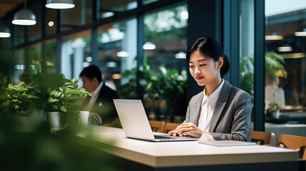 Asian business woman working on a laptop in a professional office