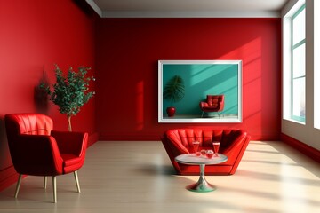 modern living room with red wall, a painting, two comfortable red armchairs and a table with drinks. Light is entering trough a big window.  Modern interior concept in bright colors. Generative AI