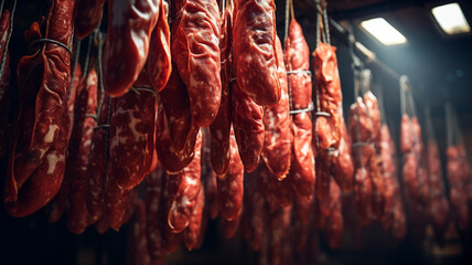 Racks of smoked spicy sausages hanging in the smokehouse. Meat production. Sausage hanging. Meat products.
 - obrazy, fototapety, plakaty
