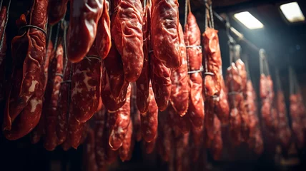 Poster Racks of smoked spicy sausages hanging in the smokehouse. Meat production. Sausage hanging. Meat products.  © BlazingDesigns