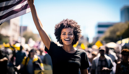 A young and determined African American activist woman among crowd, positive, proud and confident, fighting and protesting with hope racism, for rights, justice and equality - Black Lives Matter