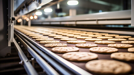 Producing cookies in the food industry. Production line at the modern bakery.  


