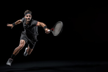 A fictional people. Tennis player is trying to hit a tennis ball. Place for text, copy space.