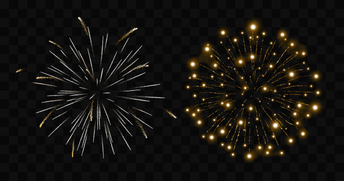 Fireworks explosion vector set. Gold fireworks on transparent background. 4/7