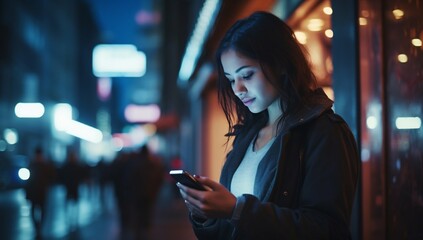 Neon Nights: Woman Engaged with Mobile App. Generative ai