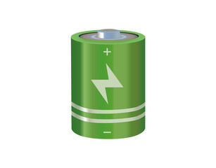 Green cylinder recharging battery cell icon with bolt, plus, minus symbol