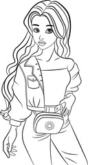 Beautiful Girl Model for Coloring. Vector Illustration of a Stylish Woman. Fashion model Posing. Urban casual style