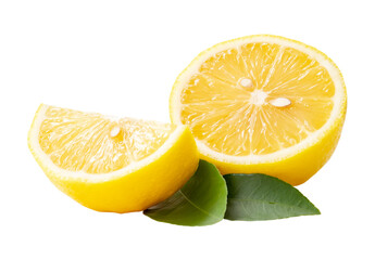 Front view of beautiful yellow lemon half with slice isolated on white background with clipping path in png file format