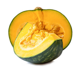 Fresh kabocha or green japanese pumpkin half with slice or quarter isolated on white background with clipping path