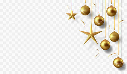 Gold christmas balls with shadow and confetti isolated on transparent background	 - obrazy, fototapety, plakaty