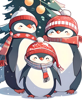 Three penguins in winter clothes, hats and scarves. A Christmas tree in the background. Illustration, graphics