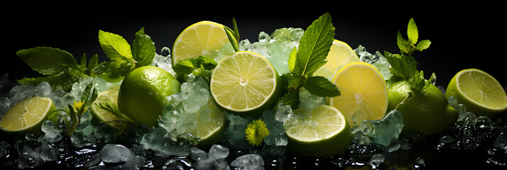 un arrière-plan rempli de citrons verts (lime), de feuilles de menthe et de glace pilée - bannière web
