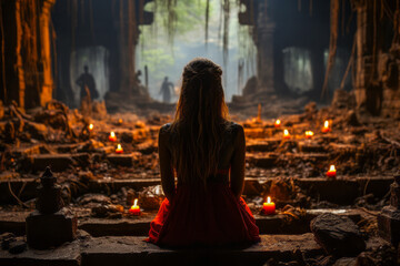 Fototapeta premium Mysterious temple, back view of meditating woman with candle.