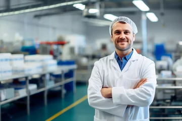 Deurstickers SMILING BUSINESS MAN MANAGER OF A FOOD ENTERPRISE CONTROLS THE PRODUCTION PROCESS, HORIZONTAL IMAGE. image created by legal AI © PETR BABKIN