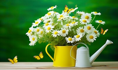 Chamomile flowers bouquet in watering can and butterfly on the table in the garden.