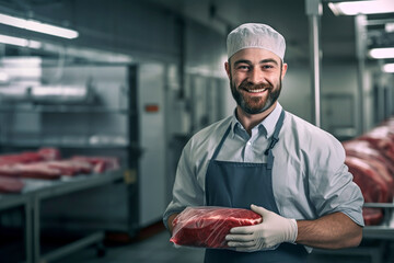 SMILING BUSINESS MAN MANAGER OF A FOOD ENTERPRISE CONTROLS THE PRODUCTION PROCESS, HORIZONTAL IMAGE. image created by legal AI - obrazy, fototapety, plakaty
