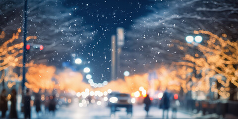 Snowy city and illuminations.Blurred background images, blurred landscapes, AI generation.ぼかした夜のイルミネーション、雪の町。札幌イメージ。