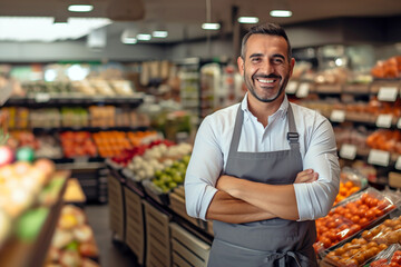 SUCCESSFUL CONFIDENT SMILING SUPERMARKET OWNER IN THE SALES AREA AMONG THE PRODUCTS FOR SALE. HORIZONTAL IMAGE. image created by legal AI