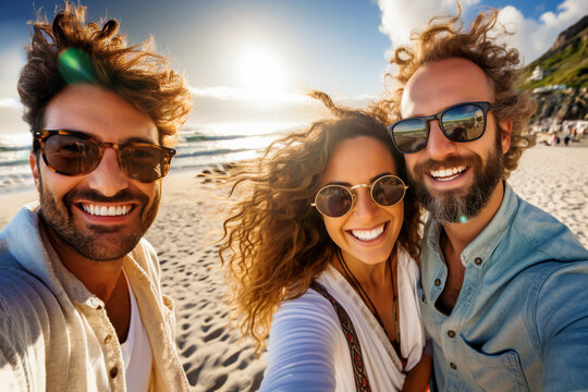 COMMUNITY OF LAUGHING FRIENDS ON THE BEACH TAKING SELFIES. image created by legal AI
