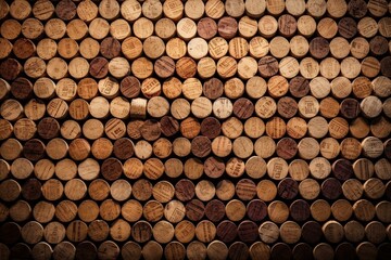 Pattern of wooden wine corks as a background, depicting food and drink concept. Generative AI