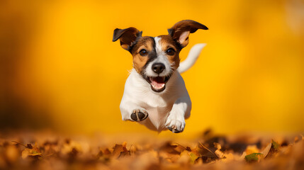 Happy jack russell terrier dog running in an autumn sunny park - obrazy, fototapety, plakaty