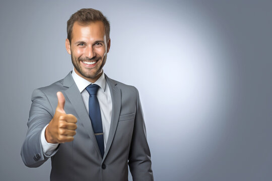 VICTORY. SMILING PROFESSIONAL MANAGER HOLDING THUMBS UP. image created by legal AI