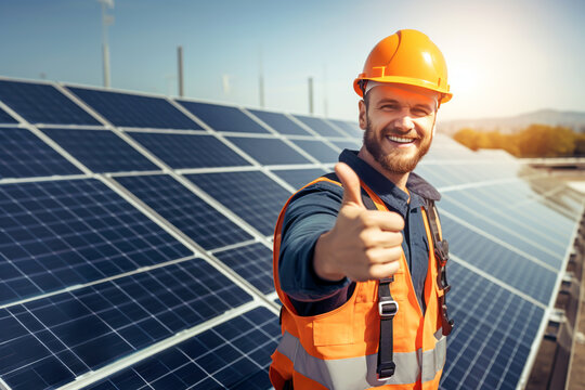 SOLAR PANEL INSTALLER SHOWING THUMBS UP. HORIZONTAL IMAGE. image created by legal AI