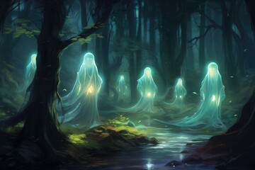 Luminous forest spirits guiding lost travelers. - obrazy, fototapety, plakaty