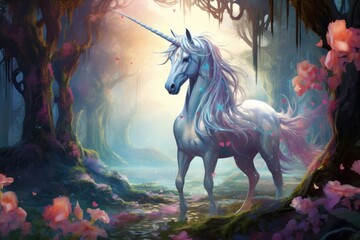 Majestic unicorn in a magical glade.